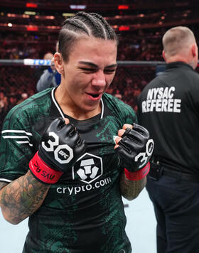 Jessica Andrade of Brazil reacts to defeating Mackenzie Dern by TKO in a strawweight fight during the UFC 295 event at Madison Square Garden on November 11, 2023 in New York City. (Photo by Chris Unger/Zuffa LLC)