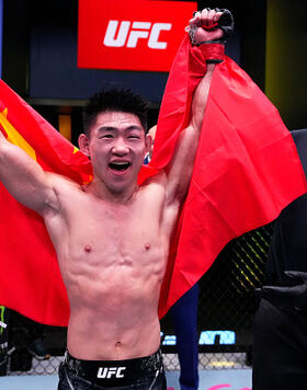 Song Yadong of China reacts after his victory against Chris Gutierrez in a bantamweight fight during the UFC Fight Night event at UFC APEX on December 09, 2023 in Las Vegas, Nevada. (Photo by Jeff Bottari/Zuffa LLC)