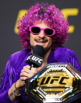 UFC bantamweight champion Sean O'Malley is seen on stage during the UFC 2024 seasonal press conference at MGM Grand Garden Arena on December 15, 2023 in Las Vegas, Nevada. (Photo by Chris Unger/Zuffa LLC)