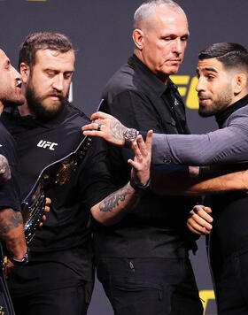 Alexander Volkanovski and Ilia Topuria face off during the UFC 2024 seasonal press conference at MGM Grand Garden Arena on December 15, 2023 in Las Vegas, Nevada. (Photo by Chris Unger/Zuffa LLC via Getty Images)