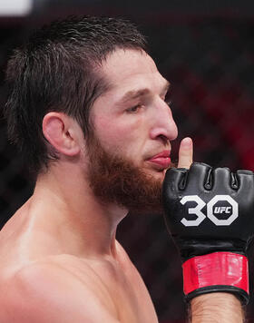 Tagir Ulanbekov of Russia reacts to his win in a flyweight fight during the UFC 296 event at T-Mobile Arena on December 16, 2023 in Las Vegas, Nevada. (Photo by Jeff Bottari/Zuffa LLC via Getty Images)