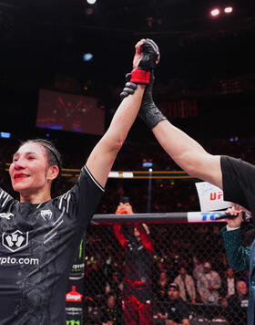 Irene Aldana of Mexico reacts to her win in a bantamweight fight during the UFC 296 event at T-Mobile Arena on December 16, 2023 in Las Vegas, Nevada. (Photo by Jeff Bottari/Zuffa LLC)