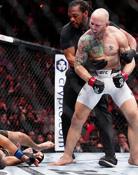 Josh Emmett reacts to his knock out of Bryce Mitchell in a featherweight fight during the UFC 296 event at T-Mobile Arena on December 16, 2023 in Las Vegas, Nevada. (Photo by Chris Unger/Zuffa LLC)