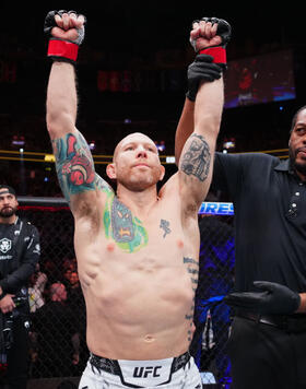 Josh Emmett reacts to his win over Bryce Mitchell in a featherweight fight during the UFC 296 event at T-Mobile Arena on December 16, 2023 in Las Vegas, Nevada. (Photo by Jeff Bottari/Zuffa LLC)