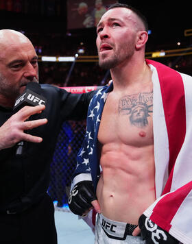 Joe Rogan interviews Colby Covington in the UFC welterweight championship fight during the UFC 296 event at T-Mobile Arena on December 16, 2023 in Las Vegas, Nevada. (Photo by Jeff Bottari/Zuffa LLC)