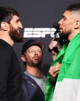 Magomed Ankalaev of Russia and Johnny Walker of Brazil face off during the UFC Fight Night weigh-in at UFC APEX on January 12, 2024 in Las Vegas, Nevada. (Photo by Chris Unger/Zuffa LLC)