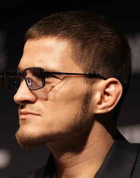 Movsar Evloev of Russia is seen on stage during the UFC 297 press conference at The Elgin and Winter Garden Theatre Centre on January 18, 2024 in Toronto, Ontario. (Photo by Mike Roach/Zuffa LLC via Getty Images)