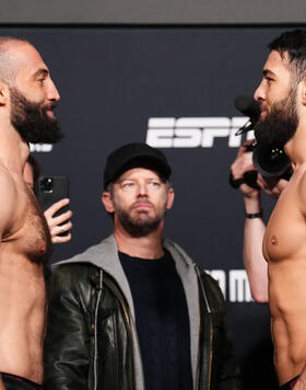 Roman Dolidze of Georgia and Nassourdine Imavov of Russia face off during the UFC Fight Night weigh-in at UFC APEX on February 02, 2024 in Las Vegas, Nevada. (Photo by Chris Unger/Zuffa LLC)