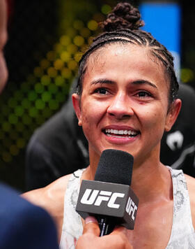 Natalia Silva of Brazil reacts after her victory against Viviane Araujo of Brazil in a flyweight fight during the UFC Fight Night event at UFC APEX on February 03, 2024 in Las Vegas, Nevada. (Photo by Chris Unger/Zuffa LLC)