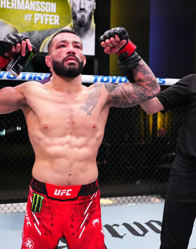 Dan Ige reacts after his knockout victory against Andre Fili in a featherweight fight during the UFC Fight Night event at UFC APEX on February 10, 2024 in Las Vegas, Nevada. (Photo by Jeff Bottari/Zuffa LLC)