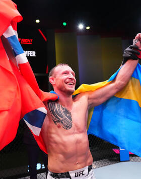 Jack Hermansson of Sweden reacts after his victory against Joe Pyfer in a middleweight fight during the UFC Fight Night event at UFC APEX on February 10, 2024 in Las Vegas, Nevada. (Photo by Jeff Bottari/Zuffa LLC)