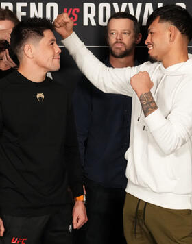 Brandon Moreno of Mexico and Brandon Royval face off at the InterContinental Presidente Mexico City on February 21, 2024 in Mexico City, Mexico. (Photo by Josh Hedges/Zuffa LLC)