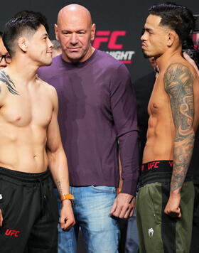 Brandon Moreno of Mexico and Brandon Royval face off during the UFC Fight Night ceremonial weigh-in at CDMX Arena on February 23, 2024 in Mexico City, Mexico. (Photo by Josh Hedges/Zuffa LLC)