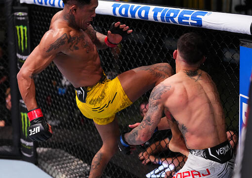 Vinicius Oliveira of Brazil lands a flying knee against Benardo Sopaj of Albania in a bantamweight bout during the UFC Fight Night event at UFC APEX on March 02, 2024 in Las Vegas, Nevada. (Photo by Jeff Bottari/Zuffa LLC)