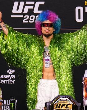 Sean O'Malley is seen on stage during the UFC 299 press conference at Kaseya Center on March 07, 2024 in Miami, Florida. (Photo by Chris Unger/Zuffa LLC via Getty Images)