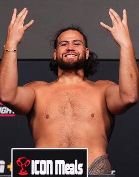 Tai Tuivasa of Australia poses on the scale during the UFC Fight Night weigh-in at UFC APEX on March 15, 2024 in Las Vegas, Nevada. (Photo by Jeff Bottari/Zuffa LLC)