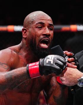 Joe Rogan interviews Bobby Green in a lightweight fight during the UFC 300 event at T-Mobile Arena on April 13, 2024 in Las Vegas, Nevada. (Photo by Jeff Bottari/Zuffa LLC via Getty Images)