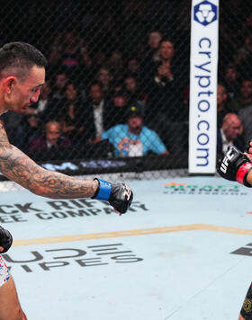 Max Holloway gestures at Justin Gaethje in the BMF championship fight during the UFC 300 event at T-Mobile Arena on April 13, 2024 in Las Vegas, Nevada. (Photo by Jeff Bottari/Zuffa LLC)