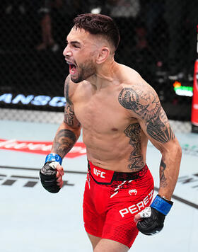 Alex Perez reacts after his knockout victory against Matheus Nicolau of Brazil in a flyweight bout during the UFC Fight Night event at UFC APEX on April 27, 2024 in Las Vegas, Nevada. (Photo by Chris Unger/Zuffa LLC)