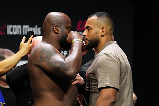 Derrick Lewis and Rodrigo Nascimento of Brazil face off during the UFC Fight Night ceremonial weigh-in at Enterprise Center on May 10, 2024 in St Louis, Missouri. (Photo by Josh Hedges/Zuffa LLC)