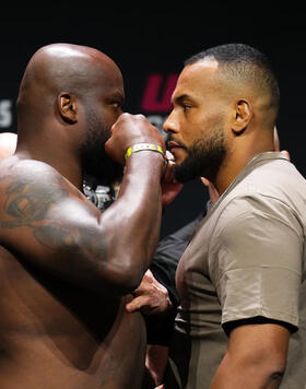 Derrick Lewis and Rodrigo Nascimento of Brazil face off during the UFC Fight Night ceremonial weigh-in at Enterprise Center on May 10, 2024 in St Louis, Missouri. (Photo by Josh Hedges/Zuffa LLC)