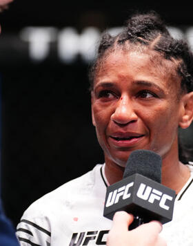 Angela Hill reacts after her submission victory against Luana Pinheiro of Brazil in a strawweight fight during the UFC Fight Night event at UFC APEX on May 18, 2024 in Las Vegas, Nevada. (Photo by Chris Unger/Zuffa LLC)