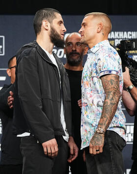 Islam Makhachev of Russia and Dustin Poirier face off during the UFC 302 press conference at Prudential Center on May 30, 2024 in Newark, New Jersey. (Photo by Jeff Bottari/Zuffa LLC)