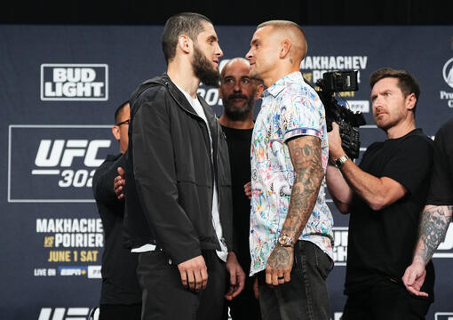 Islam Makhachev of Russia and Dustin Poirier face off during the UFC 302 press conference at Prudential Center on May 30, 2024 in Newark, New Jersey. (Photo by Jeff Bottari/Zuffa LLC)