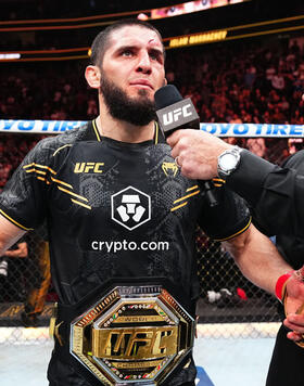 Islam Makhachev of Russia reacts after his submission victory against Dustin Poirier in the UFC lightweight championship fight during the UFC 302 event at Prudential Center on June 01, 2024 in Newark, New Jersey. (Photo by Jeff Bottari/Zuffa LLC)