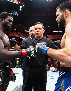 Opponents Jared Cannonier and Nassourdine Imavov of Russia face off prior to a middleweight fight during the UFC Fight Night event at KFC YUM! Center on June 08, 2024 in Louisville, Kentucky. (Photo by Jeff Bottari/Zuffa LLC)