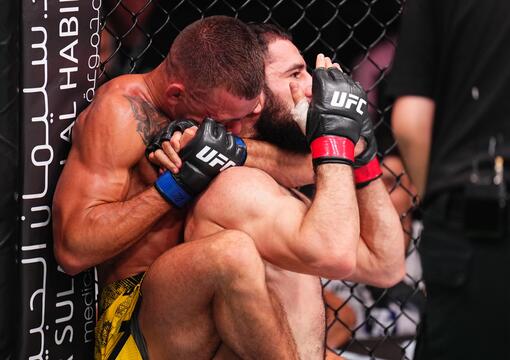 Felipe Lima of Brazil secures a rear choke submission against Muhammad Naimov of Tajikistan in a featherweight fight during the UFC Fight Night event at Kingdom Arena on June 22, 2024 in Riyadh, Saudi Arabia. (Photo by Chris Unger/Zuffa LLC via Getty Images)