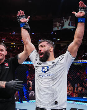 Roman Dolidze of Georgia reacts to his victory over Anthony Smith in a light heavyweight fight during the UFC 303 event at T-Mobile Arena on June 29, 2024 in Las Vegas, Nevada. (Photo by Jeff Bottari/Zuffa LLC)