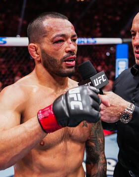 Dan Ige speaks with UFC commentator Joe Rogan after being defeated in a 165-pound catchweight fight during the UFC 303 event at T-Mobile Arena on June 29, 2024 in Las Vegas, Nevada. (Photo by Chris Unger/Zuffa LLC)