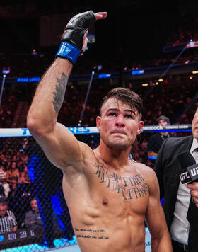 Diego Lopes of Brazil reacts to his victory over Dan Ige in a 165-pound catchweight fight during the UFC 303 event at T-Mobile Arena on June 29, 2024 in Las Vegas, Nevada. (Photo by Jeff Bottari/Zuffa LLC)