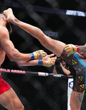 Alex Pereira of Brazil kicks Jiri Prochazka of the Czech Republic in the UFC light heavyweight championship fight during the UFC 303 event at T-Mobile Arena on June 29, 2024 in Las Vegas, Nevada. (Photo by Chris Unger/Zuffa LLC)