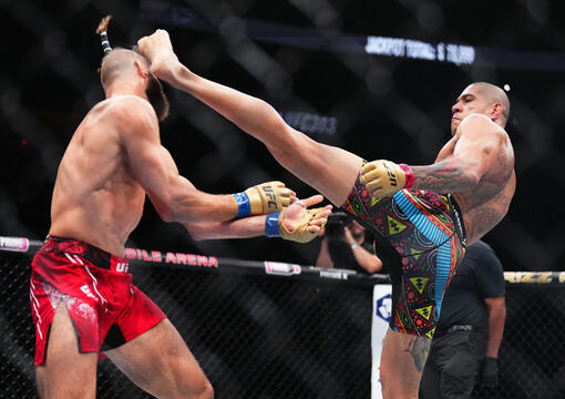 Alex Pereira of Brazil kicks Jiri Prochazka of the Czech Republic in the UFC light heavyweight championship fight during the UFC 303 event at T-Mobile Arena on June 29, 2024 in Las Vegas, Nevada. (Photo by Chris Unger/Zuffa LLC)