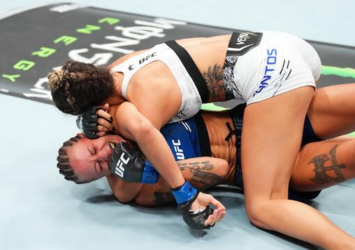 Luana Santos of Brazil {top) attempt Mariya Agapova of Kazakstan in a flyweight fight during the UFC Fight Night event at Ball Arena on July 13, 2024 in Denver, Colorado. (Photo by Josh Hedges/Zuffa LLC via Getty Images)