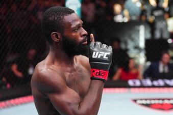 Montel Jackson reacts after his KO victory over Da'Mon Blackshear in a bantamweight fight during the UFC Fight Night event at Ball Arena on July 13, 2024 in Denver, Colorado. (Photo by Josh Hedges/Zuffa LLC via Getty Images)