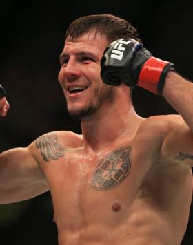 Nikita Krylov of the Ukraine celebrates after his knockout victory over Ed Herman in their light heavyweight bout during the UFC 201 event on July 30, 2016 at Philips Arena in Atlanta, Georgia. (Photo by Daniel Shirey/Zuffa LLC)