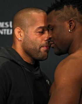 ALBANY, NY - DECEMBER 08: (L-R) Opponents Anthony Hamilton and Francis Ngannou face off during UFC Fight Night weigh-ins at the Hilton Albany on December 8, 2016 in Albany, New York. (Photo by Patrick Smith/Zuffa LLC/Zuffa LLC via Getty Images)