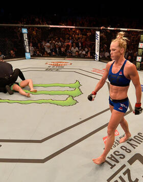 Holly Holm reacts after her knockout victory over Bethe Correia of Brazil in their women's bantamweight bout during the UFC Fight Night event at the Singapore Indoor Stadium on June 17, 2017 in Singapore. (Photo by Brandon Magnus/Zuffa Getty Images)