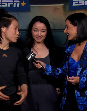 Strawweight champion Zhang Weili speaks with Megan Olivi before her fight against Yan Xiaonan at UFC 300: Pereira vs Hill