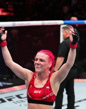 Gillian Robertson Reacts After Her TKO Victory Over Polyana Viana At UFC 297 on January 20, 2024