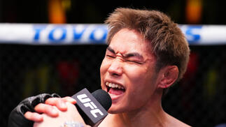 Tatsuro Taira of Japan reacts after his victory against Alex Perez in a flyweight fight during the UFC Fight Night event at UFC APEX on June 15, 2024 in Las Vegas, Nevada. (Photo by Chris Unger/Zuffa LLC)